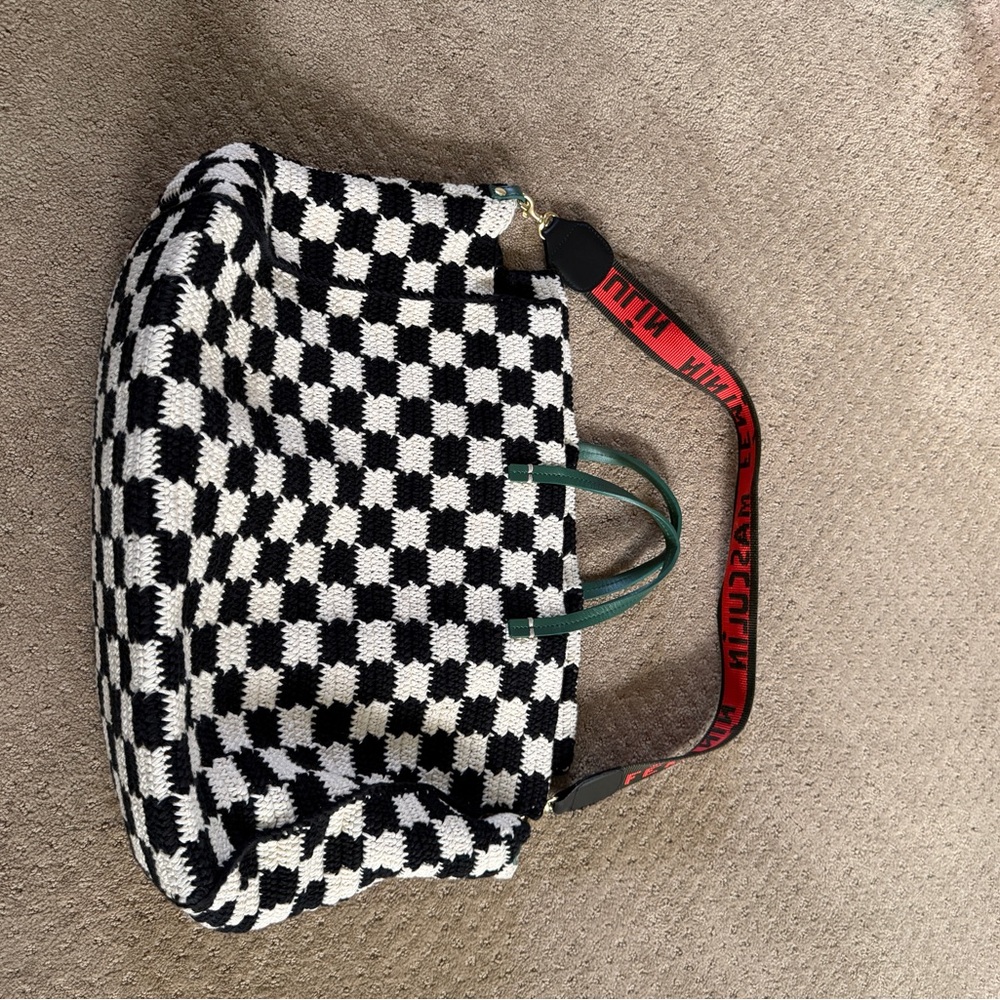 Elegant Checkered Tote with Red Accents